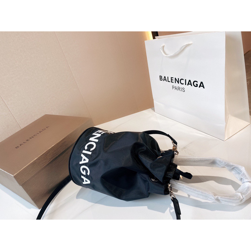 Ba*len*cia*ga wheel logo print drawstring nylon bucket bag