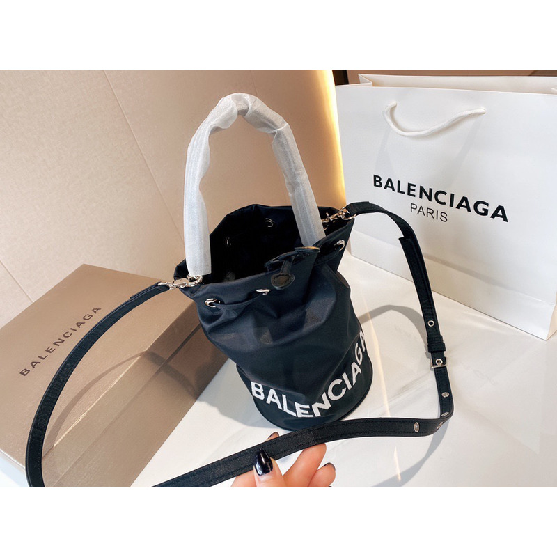 Ba*len*cia*ga wheel logo print drawstring nylon bucket bag