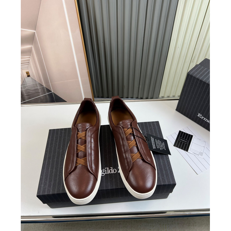Ermenegildo Zegna Coffee DEERSKIN TRIPLE STITCH™ LOW TOP SNEAKERS