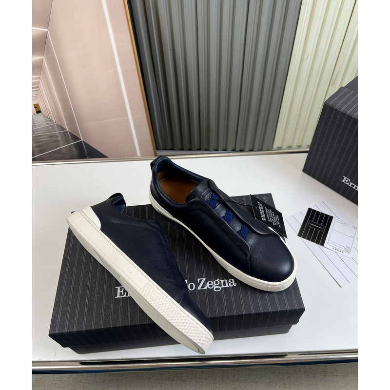 Ermenegildo Zegna Dark Blue Deerskin Triple Stitch Low Top Sneaker
