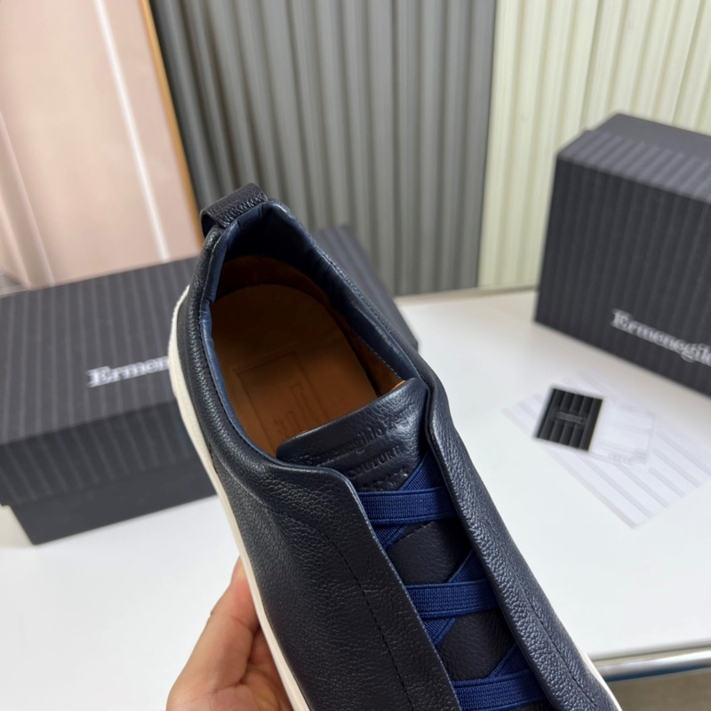 Ermenegildo Zegna Dark Blue Deerskin Triple Stitch Low Top Sneaker