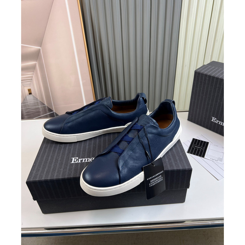 Ermenegildo Zegna Blue Deerskin Triple Stitch Low Top Sneaker