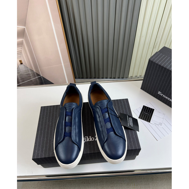 Ermenegildo Zegna Blue Deerskin Triple Stitch Low Top Sneaker