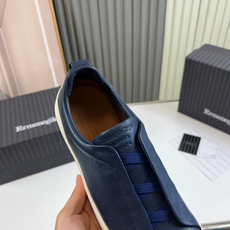 Ermenegildo Zegna Blue Deerskin Triple Stitch Low Top Sneaker