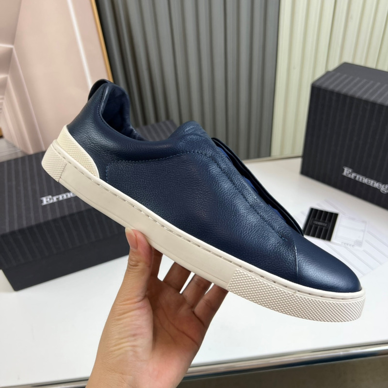 Ermenegildo Zegna Blue Deerskin Triple Stitch Low Top Sneaker