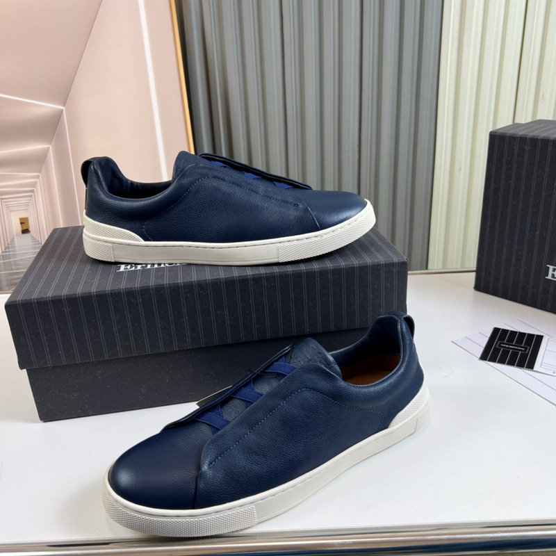 Ermenegildo Zegna Blue Deerskin Triple Stitch Low Top Sneaker