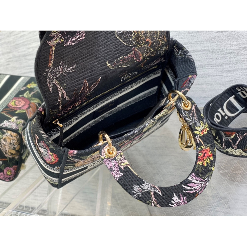 D*or medium lady d-lite bag black multicolor D*or jardin botanique embroidery