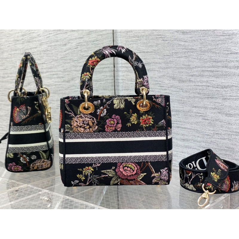 D*or medium lady d-lite bag black multicolor D*or jardin botanique embroidery
