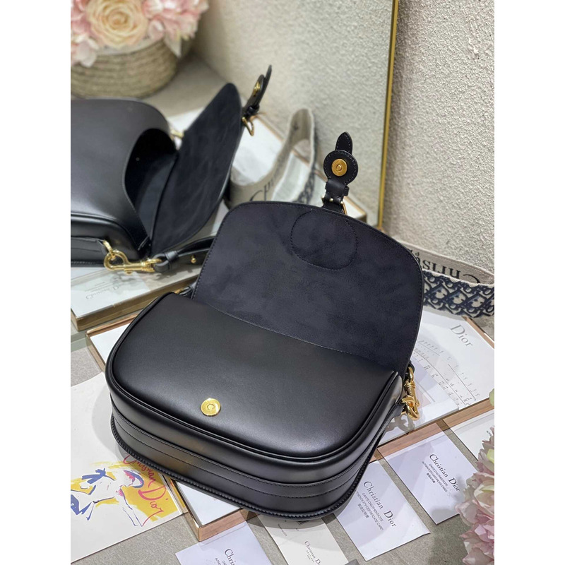 D*or large D*or bobby bag black shiny calfskin with blue oblique print shoulder strap