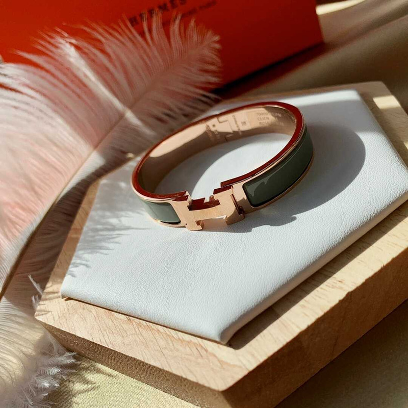 H**mes green enamel gold h buckle bracelet