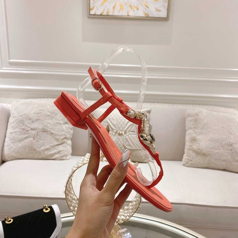 Ch*el lambskin metal diamanté & imitation pearls sandals red