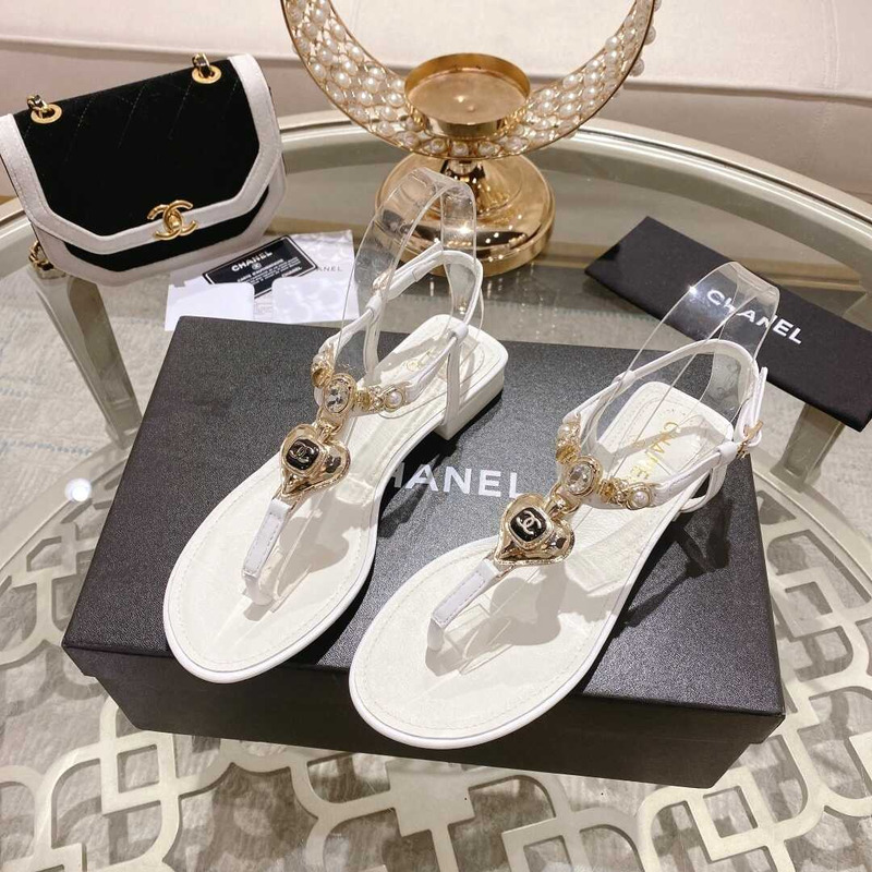 Ch*el lambskin metal diamanté & imitation pearls sandals white