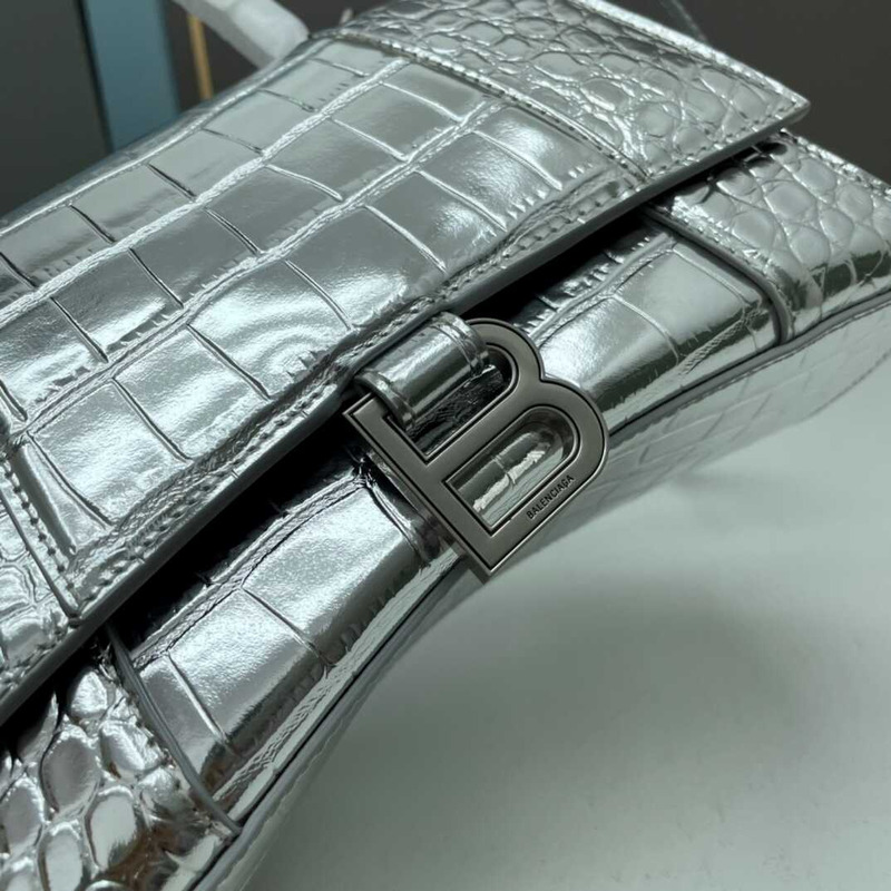 Ba*len*cia*ga sliver  croco embossed leather small hourglass handbag