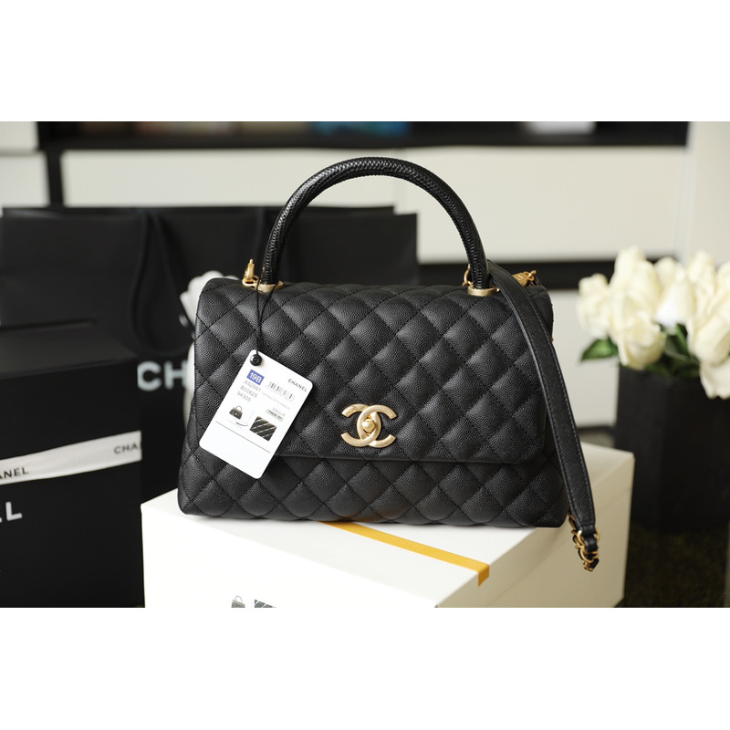 Ch*el coco handle flap quilted caviar aged gold-tone small black
