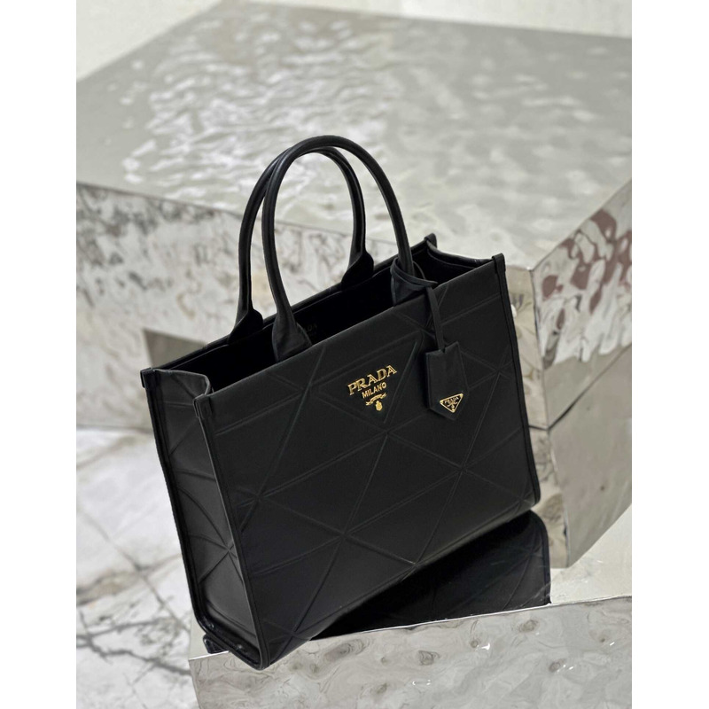 Pra*a medium leather handbag with topstitching black