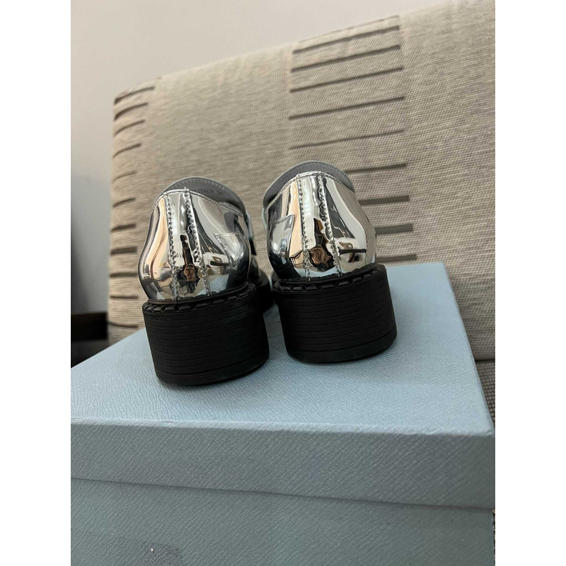 Pra*a triangle logo metallic loafers silver