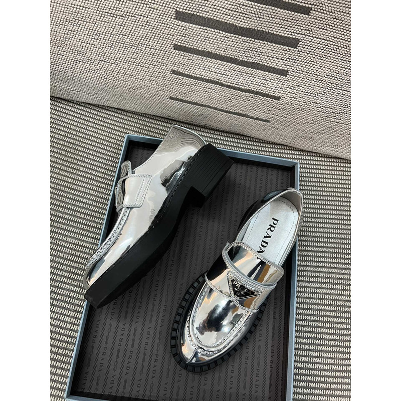 Pra*a triangle logo metallic loafers silver