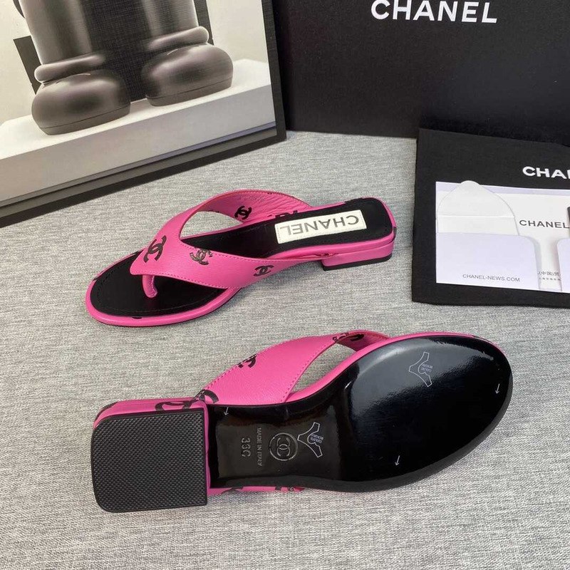 Ch*el leather flip flops sandals rose red