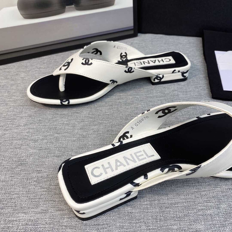 Ch*el leather flip flops sandals white