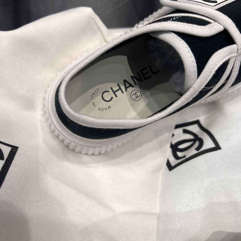 Ch*el + vintage white&black sneakers