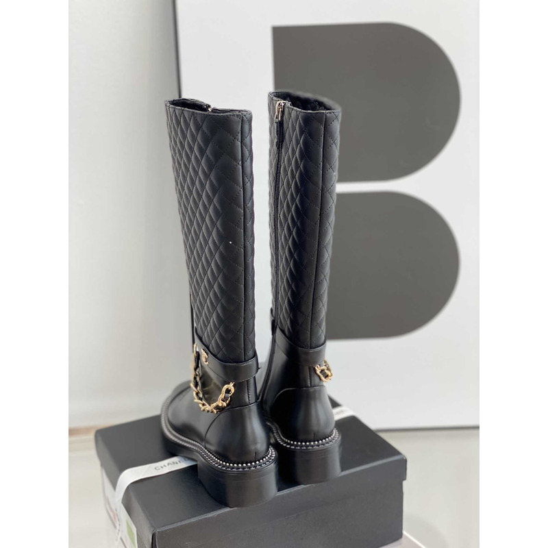 Ch*el calfskin quilted riding boots black