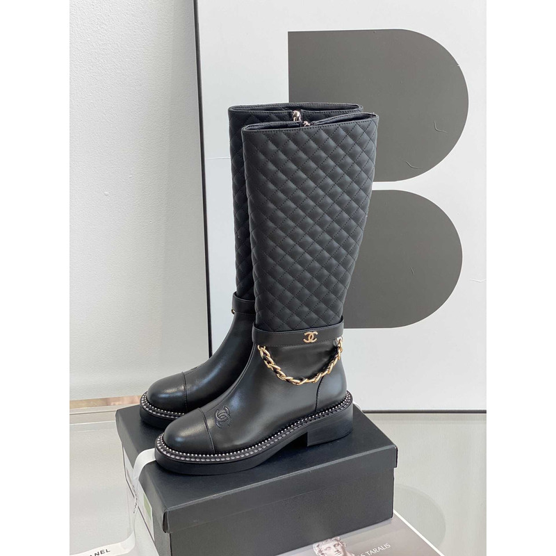 Ch*el calfskin quilted riding boots black