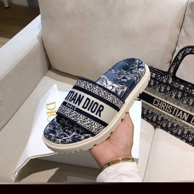 D*or dway slides toile de jouy reverse embroidered cotton navy