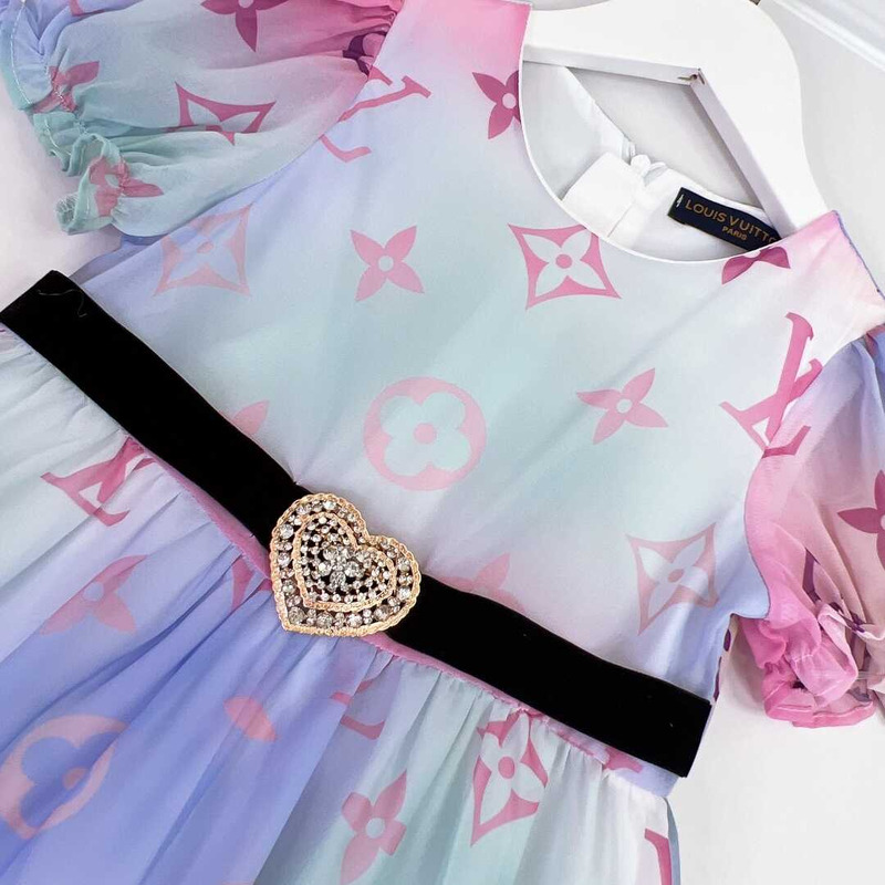 l**is V*t*n kids print ruffle trim mesh dress