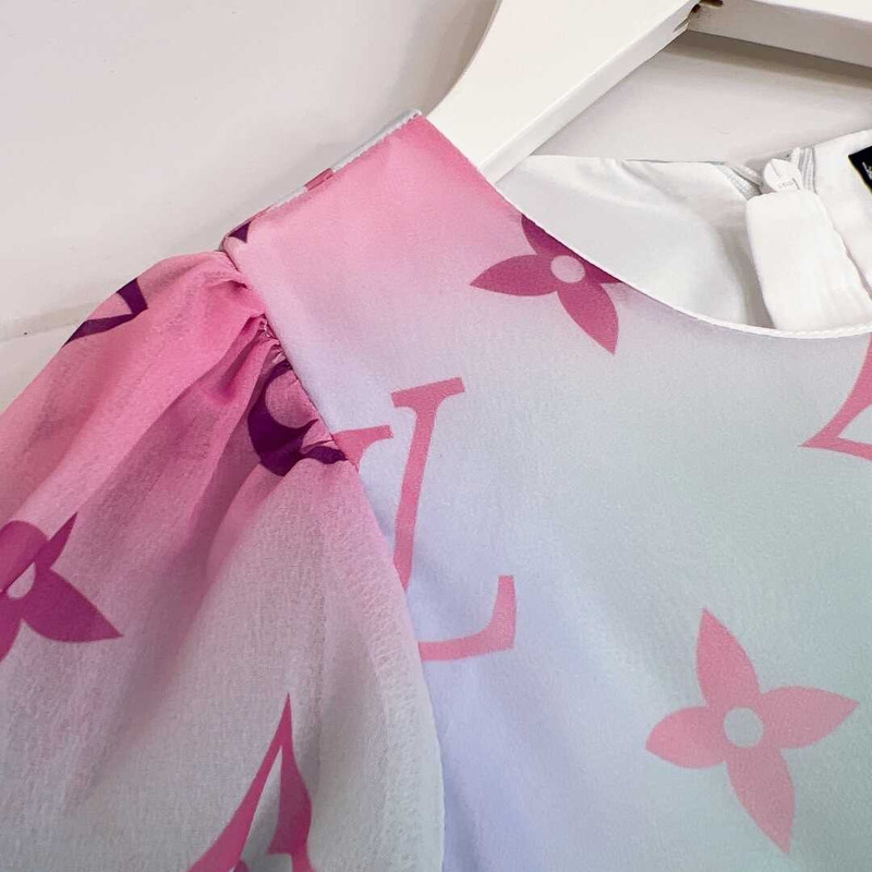 l**is V*t*n kids print ruffle trim mesh dress