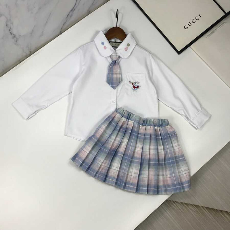 G*u*i kids plaid outfits long sleeve button down blouse shirt+pleated mini blue skirt set
