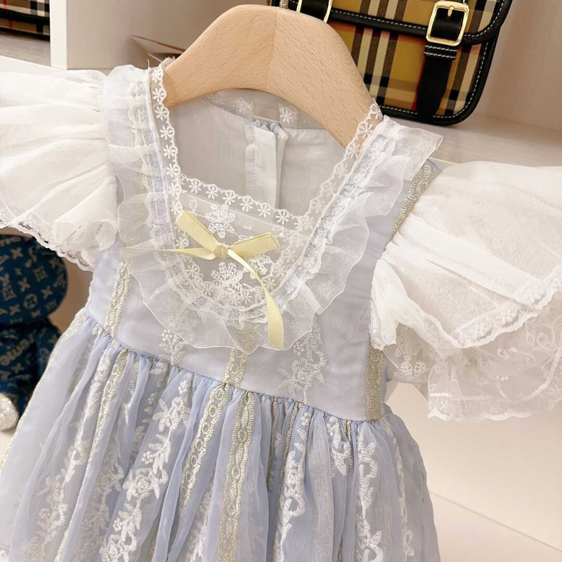 Ch*el kids lace trim short-sleeve midi a-line dress