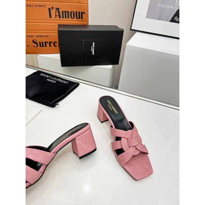 Saint Laurent Tribute Denim Mid-heel Mule Shoes Pink