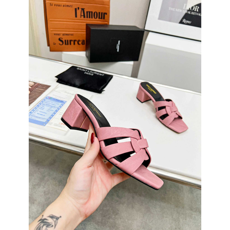 Saint Laurent Tribute Denim Mid-heel Mule Shoes Pink