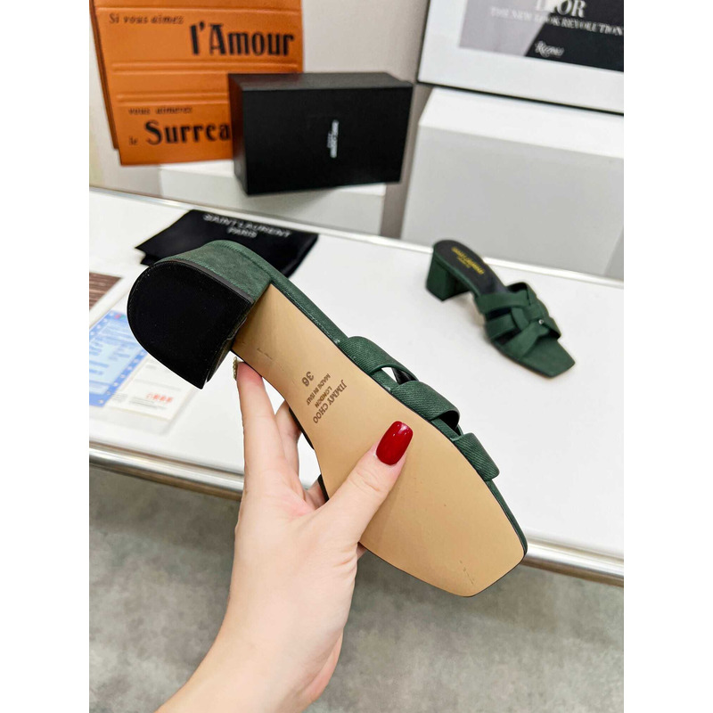 Saint Laurent Tribute Denim Mid-heel Mule Shoes Green