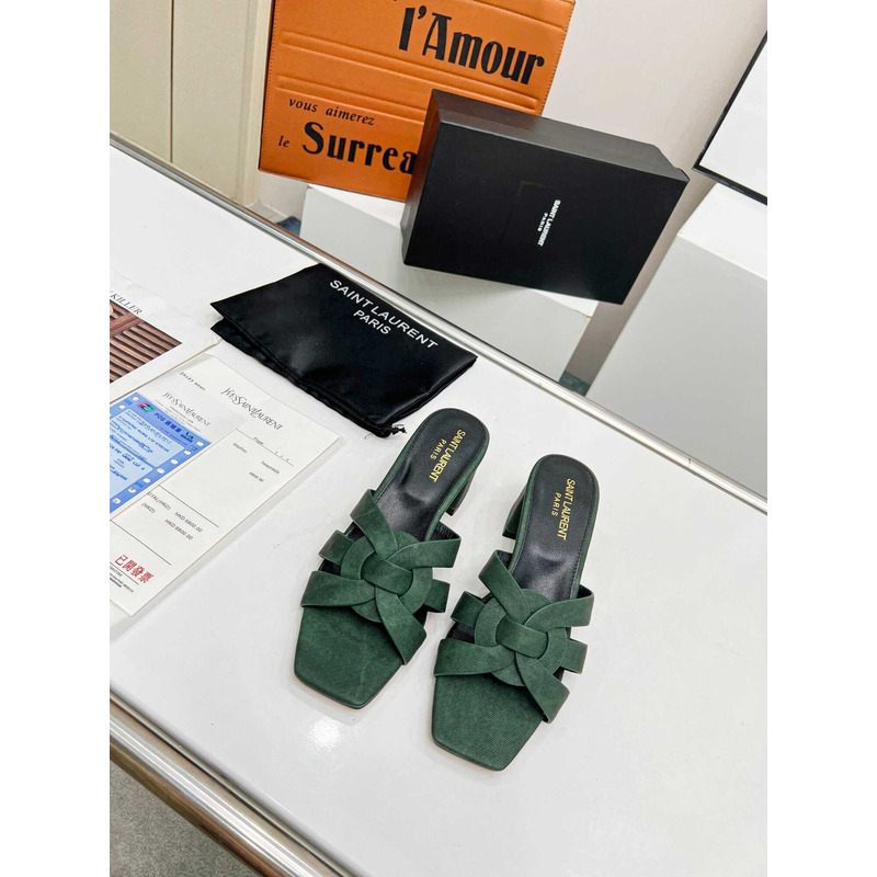 Saint Laurent Tribute Denim Mid-heel Mule Shoes Green