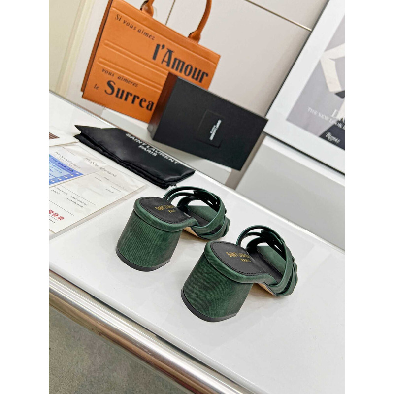 Saint Laurent Tribute Denim Mid-heel Mule Shoes Green
