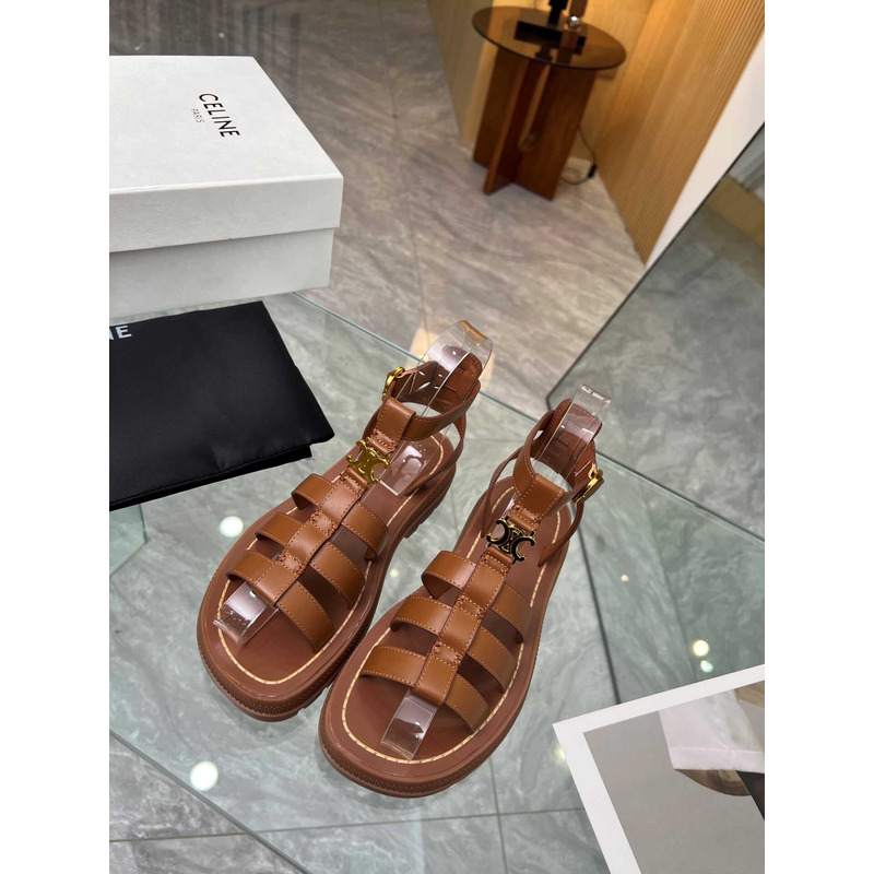 Ce**e clea triomphe calfskin block heel roman sandals brown