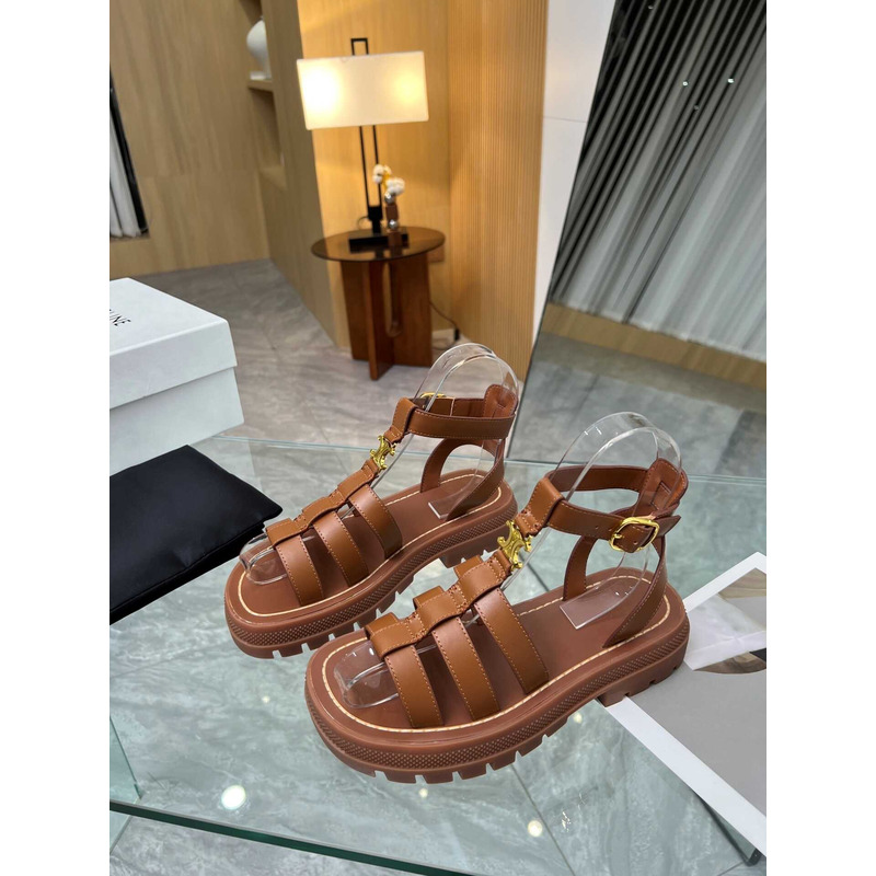 Ce**e clea triomphe calfskin block heel roman sandals brown