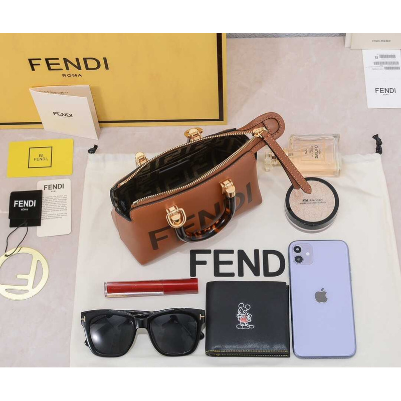 F**di by the way mini leather small boston bag brown