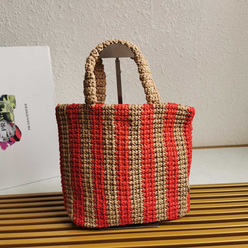 Pra*a large raffia tote bag tan/red