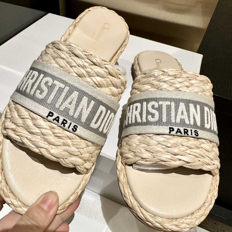 D*or dway slide jute-colored embroidered raffia and cotton gray