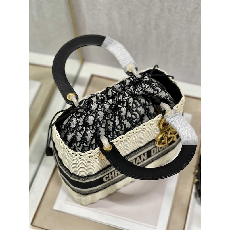 D*or medium lady D*or bag natural wicker and blue D*or oblique jacquard