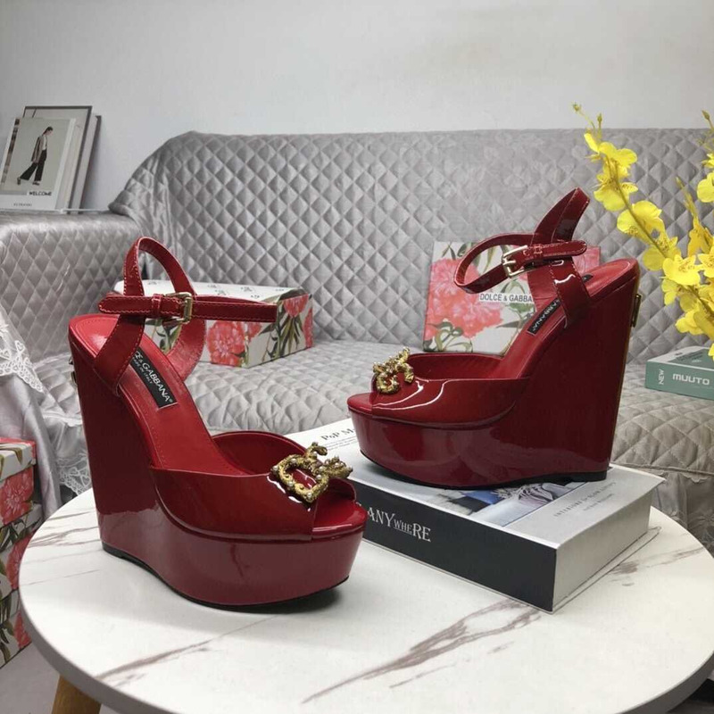 Dolce & Gabbana Patent Leather Wedge Sandals Dark Red