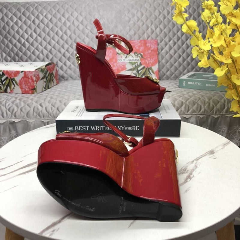 Dolce & Gabbana Patent Leather Wedge Sandals Dark Red
