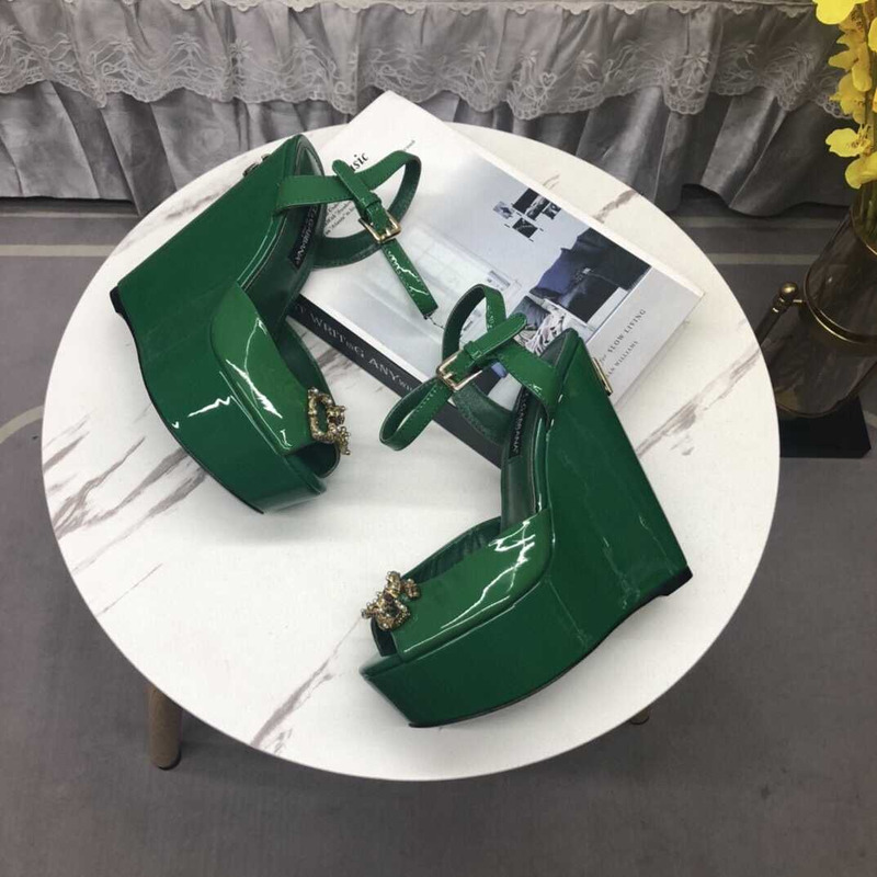 Dolce & Gabbana Wedge Platform Patent Leather Sandals Green