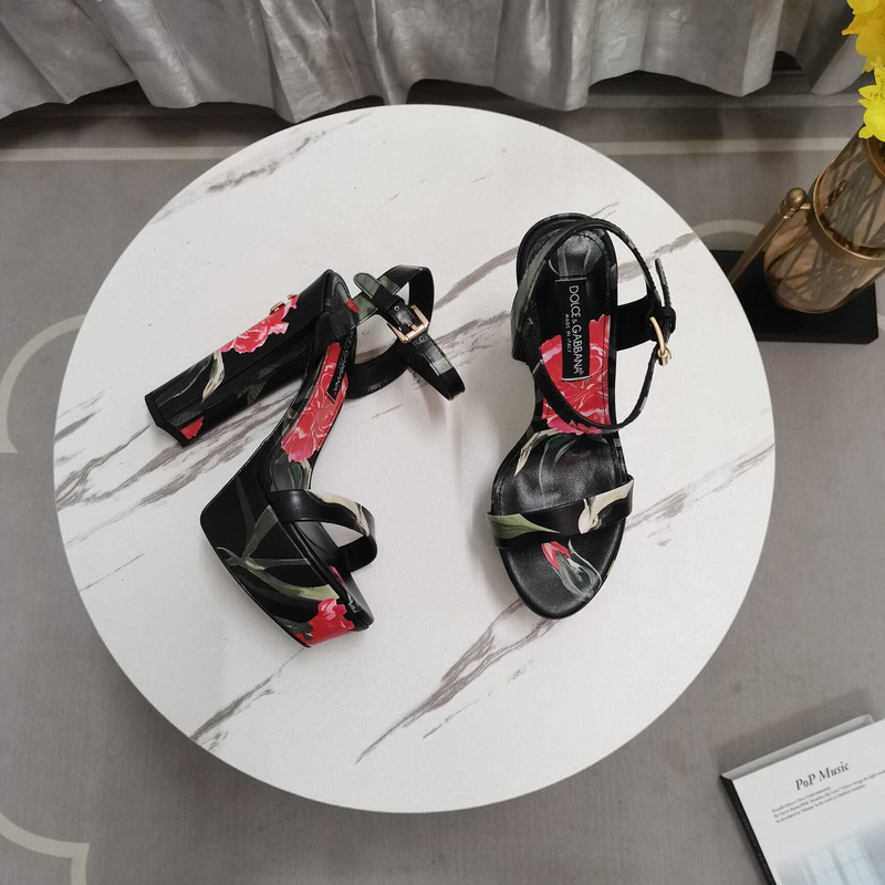 Dolce & Gabbana Printed Fabric Platform Sandals Heels Black
