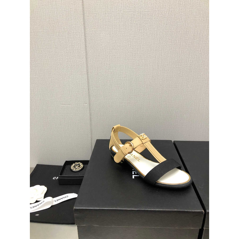 Ch*el casual style leather party style logo sandals beige and black