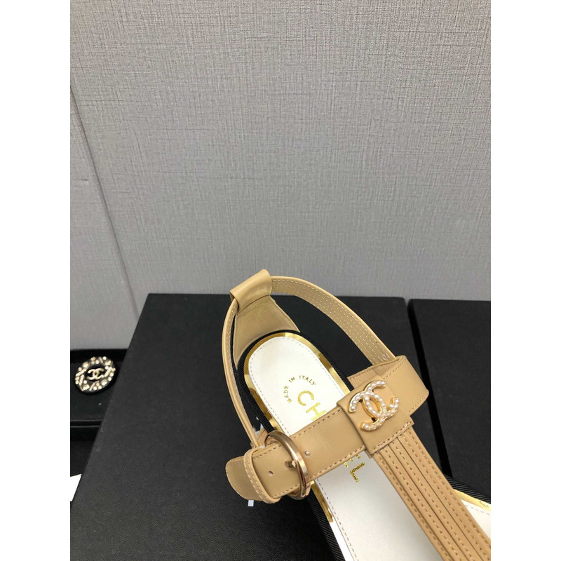 Ch*el casual style leather party style logo sandals beige and black