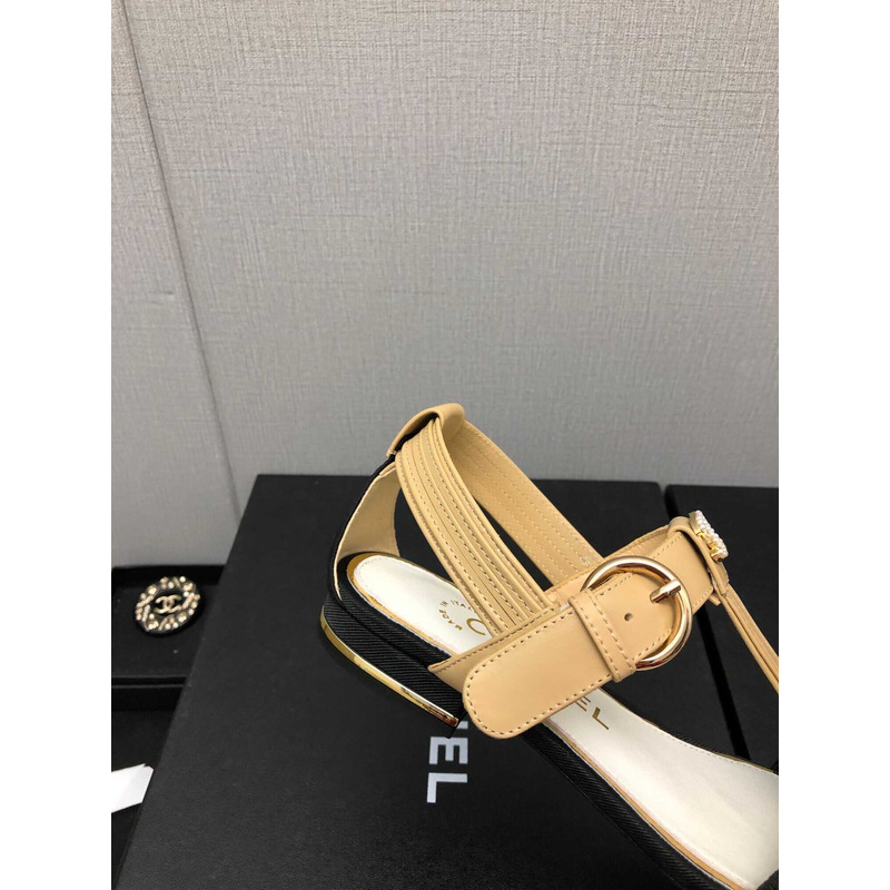 Ch*el casual style leather party style logo sandals beige and black