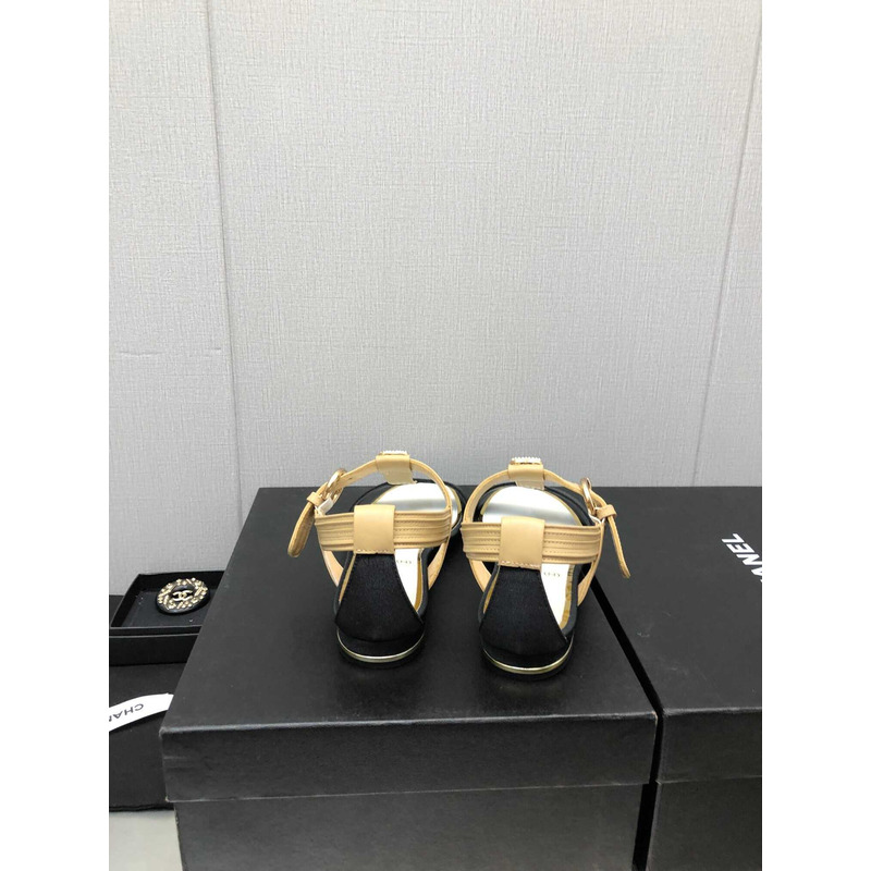 Ch*el casual style leather party style logo sandals beige and black